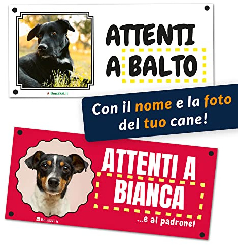 Cartello ATTENTI AL CANE personalizzabile con la foto del proprio cane, stampato a colori (Cartello Formato 250x120mm, Nome personalizzabile)