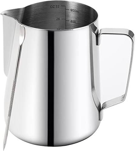 Nicunom Milk Frothing Pitcher 32oz, 304 Stainless Steel Steaming Pitchers 900ml Milk Frother Cup with Art Pen, Espresso Cappuccino Latte Art Barista Coffee Accessories