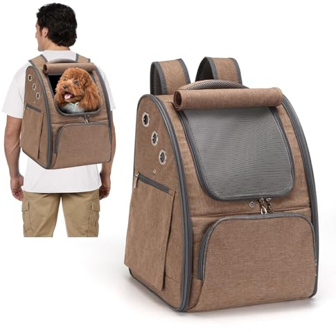 PETCUTE Hunderucksack Atmungsaktiv Katzenrucksack Hundetragetasche Faltbar Haustier Rucksäcke Wanderrucksack für Kleine Hunde und Katzen Braun
