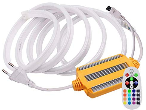 FOLGEMIR 5m Neon Seil Strip, dimmbar RGB Farbwechsel flexibler LED Streifen, 5050 SMD Lichtleiste, 220V LED Band, IP65 wasserdichte Lichtschlauch mit Trafo & 24-Tasten IR Fernbedienung
