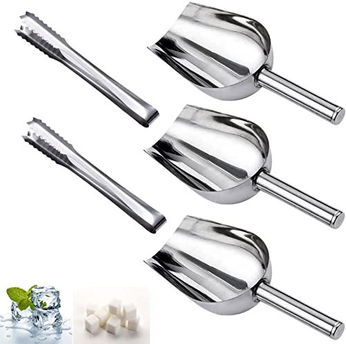 Lanjue 5PCS Stainless Steel Sweet Scoops and Tongs Set, 3PCS Ice Scoop for Bar 2PCS Coffee Sugar Cubes Tongs Scoops for Food Flour, Silver, (A68539K)