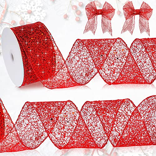 2,5 Pollici x 20 Iarde Nastro a Rete Trasparente Glitterato di Natale Nastro Metallico con Bordo Metallico Glitterato Nastro a Rete Metallica di Natale per Casa Albero di Natale (Rosso)