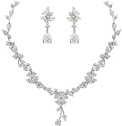 EVER FAITH Brautschmuck für die Braut Atemberaubende weiße kubische Zirkonia Teardrop Cluster Blume Hochzeit Halskette Ohrringe Set für Damen