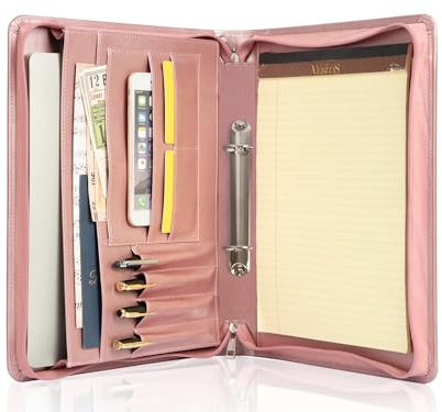 Calfinder Ringbuchmappe a4, 2 Ringbinder Aktenmappe a4 mit Reißverschluss, PU Leder Konferenzmappe Planer mit A4 Klemmbrett/Block, Dokumentenmappe Organizer, Geschenk für Damen/Frau, Rosegold