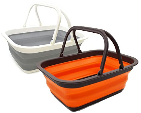SAMMART 9,2 l zusammenklappbarer Kunststoffeimer – Faltbare runde Wanne – tragbarer Wassereimer zum Angeln – platzsparender Wassertopf für den Außenbereich (Grau & Orange)