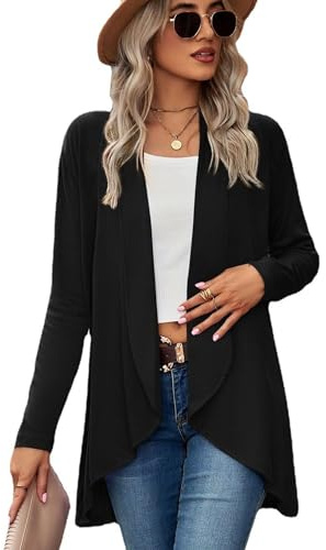 Famulily Damen Casual Cardigan Gestrickt Offene Front Full Sleeve Mittellange Leichte Cardigans Damen Top Schwarz XXL