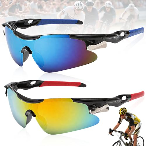 Benaton 2 Stück Schnelle Brille, Fahrradbrille Herren Damen, Fahrradbrille Winddicht Uv 400, Bunte Rennrad Brille, Sportbrille Polarisiert Anti-Uv, Für Das Tägliche Reisen Und Laufen (Blau, Rot)
