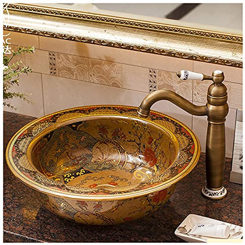 CGLYYDS Vasque A Poser Ensemble Rétro en Céramique avec Robinet Et Drain,Vasque à Poser Salle de Bain,Lave-Mains de Salle d'eau Vasque à Poser de Bain Maison,Facile à Installer,C