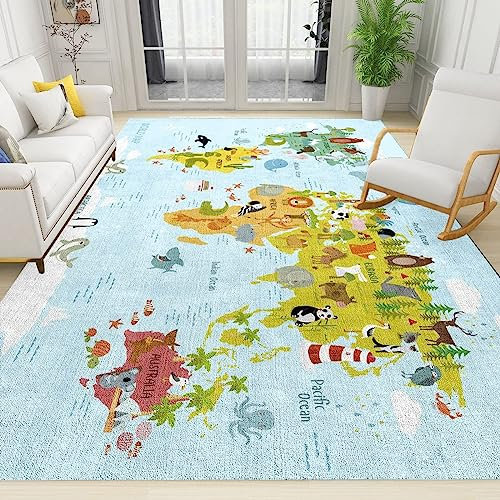 PAJEON Weltkarte Für Kinder Pädagogischer Druck Teppiche, 70 x 140 cm Kurzflor Kinderteppich - für Terrasse Garten, Küche, Bad Oder