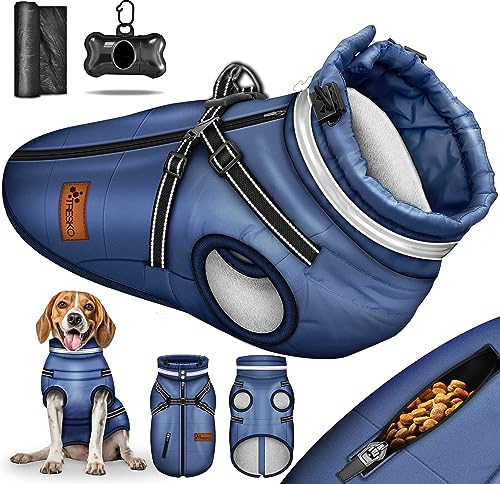 TRESKO® Hundejacke Winter mit Reflektoren mit 15 Stück Kotbeutel + Spender | Hunderegenmantel wasserdicht | Hundemantel mit Geschirr | Hunde Winterweste gefüttert für kleine, mittelgroße und große Hunde
