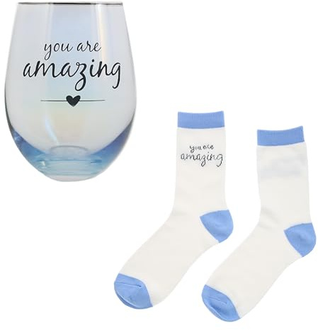 Pavilion Gift Company - You Are Amazing - 18 Ounce Stemless Wine Glass and Ultra Soft Crew Socks for Women, Stemless Wine Glass Gift Set with Wine Socks, Unique Wine Glass For Friend, Girlfriend