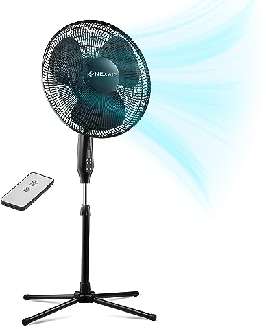 NEXAIR Oscillating 16 Inch Pedestal Stand Up Quiet Operating Room Fan With Remote Control, 3 Speed Stand for Bedroom, with Adjustable Height, Standing Fan Great For Office & Living Room