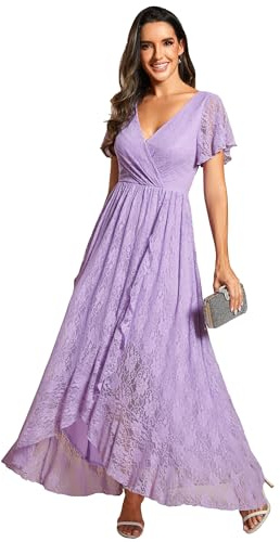Ever-Pretty Abito Damigella Donna Lungo Laccio High Low Maniche Corte Scollo A V Abiti Cerimonia Taglie Forti Lavanda 44