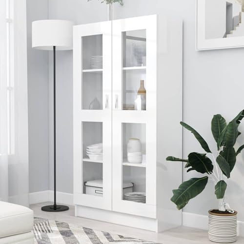 Gecheer Vitrinskåp, bokskåp med 4 fack och 2 dörrar, högskåp, arkivskåp, skåp för vardagsrum, kök, matsal, kontor, högglansigt vitt, 82,5 x 30,5 x 150 cm, trämaterial