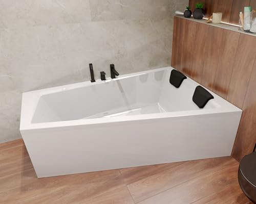 BADLAND Badewanne Original Weiß Acryl Wanne Eckbadewanne INTIMA 160x90 Rechts KOMPLETTSET SET + Kopfstützen + Füßen und Exklusive Chrom Automatik Ablaufgarnitur Made in EU 4in1