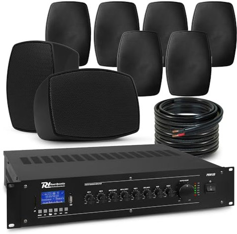 Power Dynamics 8x 3'' BHW30BK Black Wall Mounted Commercial Music System, Weatherproof Outdoor Speaker System with Bluetooth, Mixer Amplifier, Wall Mounted Speaker System, Background Music System