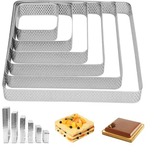 Bwetomk 6Pcs Perforated Tart Ring Stainless Steel Pastry Rings 5-15cm Heat-Resistant Porous Cake Mousse Ring, Metal Square Tart Rings for Baking Dessert Ring DIY Porous Crumpet Rings, Muffin Rings
