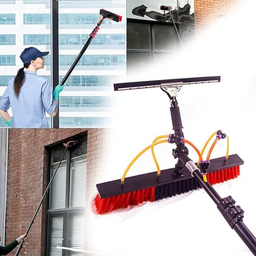 XNKLPY 2-in-1 Teleskopstange Fensterreinigung, High Clean Teleskopstange Mit Wasseranschluss, Solar Teleskopisch Reinigungsbürste, Wasserbesen Für Gartenschlauch Terrasse