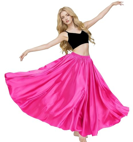 MUNAFIE Damen Lang Satin Rock Bauchtanz Rock Tanzrock Bauchtanz Kostüm für Leistung Karneval Dunkel Rosa