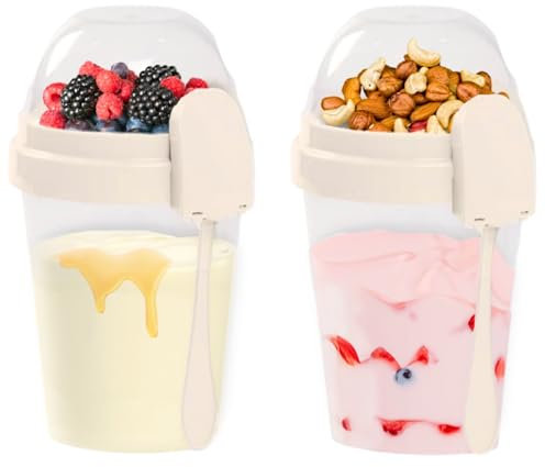 Portable Breakfast & Snack Pot with Lid, Spoon (2pk) 500ml + 200ml Topping Compartment: Dishwasher Safe, Leakproof, Reusable Yogurt Pots, Cereal on The Go Container, Overnight Oats Travel Pot (Cream)