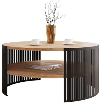 Mirjan24 Couchtisch Fahugin, runde Form (Eiche Craft Gold, Schwarz) | Kaffeetisch mit praktischem Ablageboden, Ø 75 cm, stabilem Metallgestell und pflegeleichter Tischplatte