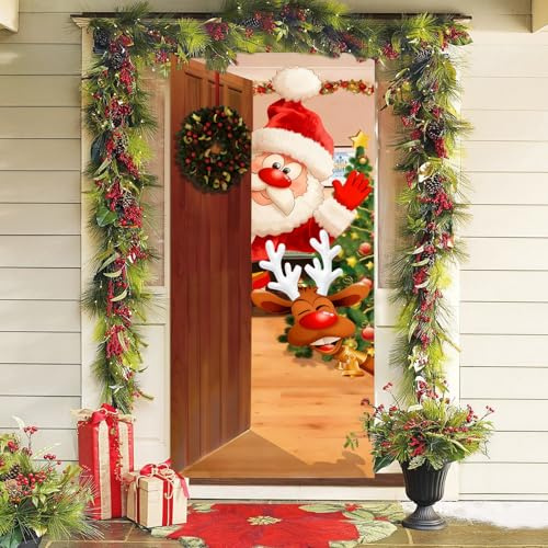 KOIROI Weihnachten Tür Abdeckung Dekoration, Weihnachtsmann Tür Decke, Weihnachten Tür Hängen Banner, Weihnachtsmann Hängen Banner Hintergrund für Haustür Veranda Weihnachten Dekoration (200x90cm)