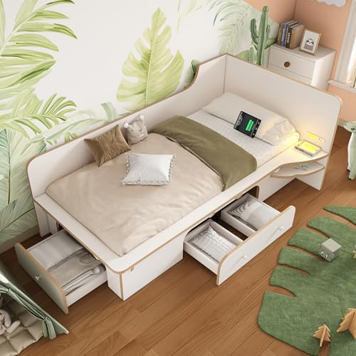 Kinderbett Einzelbett Stauraumbett 90x200 cm, Holzbett mit 3 Schubladen, Leselicht, USB Type C Ladefunktion und Regal, Jugendbett Bettgestell Multifunktionsbett Gästebett mit Lattenrost, Ohne Matratze