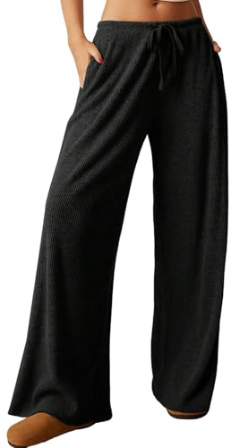 Nuofengkudu Pantalones de Lounge de Pierna Ancha Sueltos con Cintura Alta y Cordón para Mujeres, Color Sólido Negro XL