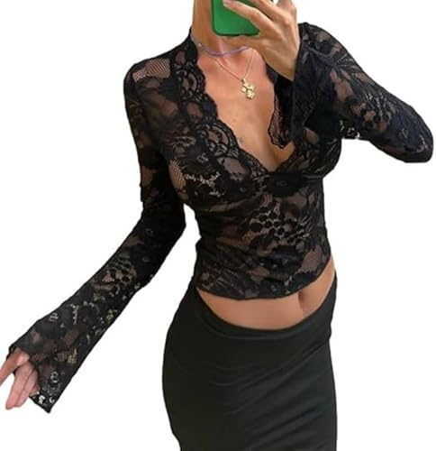 Haibang Maglietta a Manica Lunga Donna Maglia Sexy in Pizzo Floreale Crop Top Trasparente con Scollo a V Profondo Elegante Aderente Camicia Slim Fit T-Shirt Serata Top Moda Clubwear Streetwear