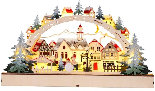GZWY Wichtelstube Colección LED de pueblo navideño con iluminación, arco de luces de Navidad, decoración de madera, decoración de Navidad, interior LED, funciona con pilas, para decoración navideña