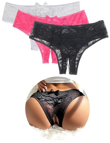 ohyeahlady French Knickers Women 3 Pack Plus Size Ruffled Lace Thongs Size 12 Stretchy Bikini Briefs Sheer Mesh Sexy Panties Brazilian Knickers Hipster Underwear Black White Pink M