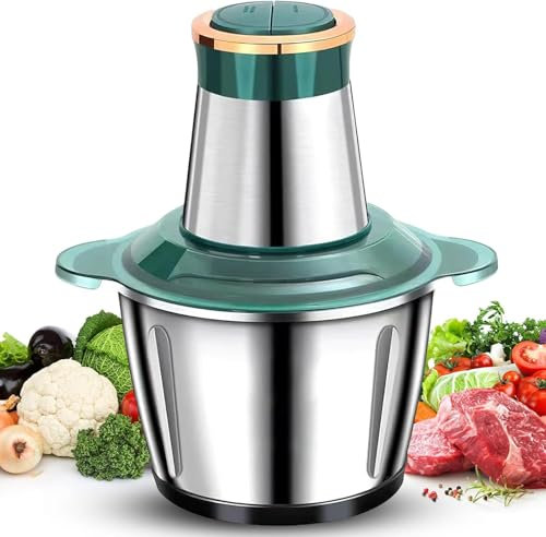 Hachoir Électrique Multifonctionnel, Hachoir à Viande de 250W, avec bol en acier inoxydable de 2L et 4 lames en acier inoxydable, 2 vitesses, pour Fruits Verdure Viande Épices (Vert)