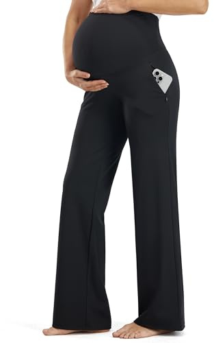 JOYSPELS Maternity Pants Over The Belly Yoga Dress Work Pregnancy Pants Stretchy Lounge Workout Wide Leg Trousers with Pockets Black
