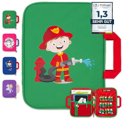 GRINSEZWERGE Tasche für Edurino & Tonies Figuren im Felix Feuerwehrmann Design in grün I Aufbewahrung für Edurino Stift, TipToi Stift, Bücher & Zubehör I Kinder Tragetasche mit Platz für 15 Figuren