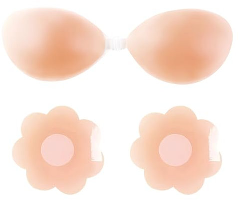 Sticky Bra 1 Pair Stick on Bra Push Up and 2 Pcs Flower Nipple Covers for Women,Anti-Nipple Show Adhesive Bras for Wedding,Party,Strapless Low Cut Clothes,Thin Sexy Invisible Silicone Bra (Nude, B)