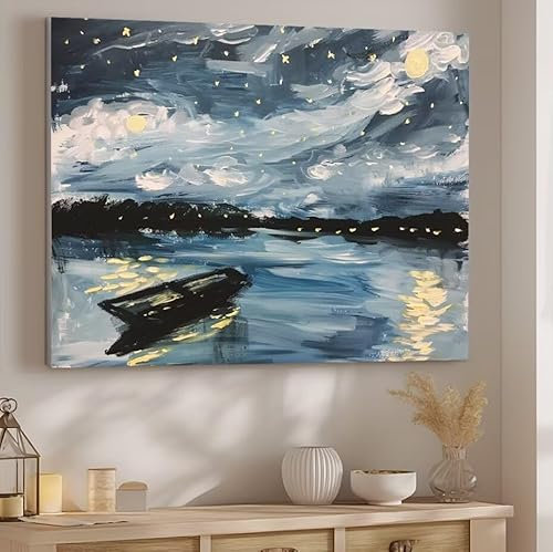 Pintar por Numeros Adultos Cielo Estrellado, DIY Pintura por Números, Pintura al óleo de Lienzo Kit Manualidades Niños para con Pinceles Pigmento Acrílico, Decoración de Familiares 30x40cm, Barco J683