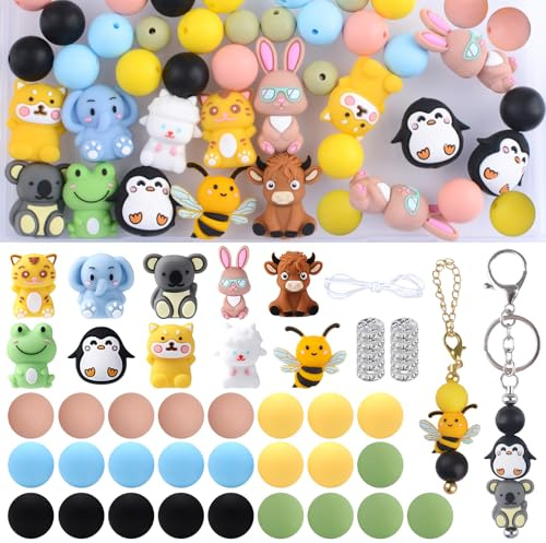 URROMA 35Pcs Perles en Silicone Animaux Focales en Silicone 3D Fournitures de Stylo à Accessoires de Perles Faits à la Main pour la Fabrication de Porte Clés de Bracelets et de Colliers
