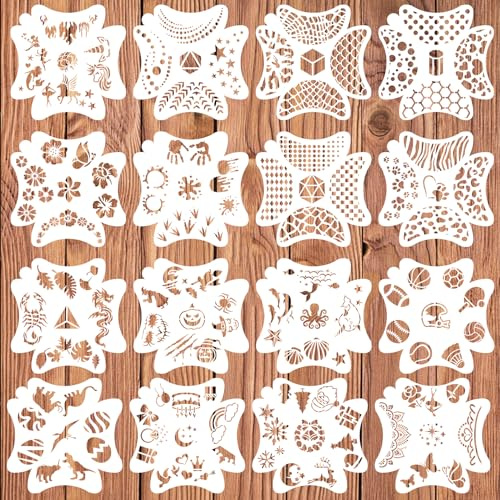 Stencil per trucco facciale, set da 16 pezzi: riutilizzabili per facciale, stencil per trucco del viso, modelli per body painting da 20x20 cm con motivi floreali, animali e forme varie