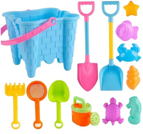 Pesoncarl Toys de Plage 13 PCS/Set Sand Toys Castle Sand Comprend Un Seau, des pelles, de Petits râteaux et des moules, Un Voyager Sable Plage pour Les Enfants 4 à 6 Ans.