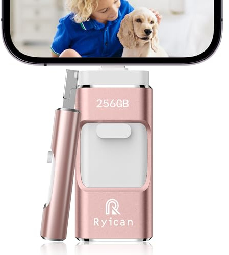 Pendrive para Phone Ryican 4 in 1 Memoria USB Transmisión de Alta Velocidad Photostick USB 3.0 Memoria Externa para iOS/Pad/Android/Teléfono/PC, Tiene Función de Protección Contraseña(256G,Rosa)