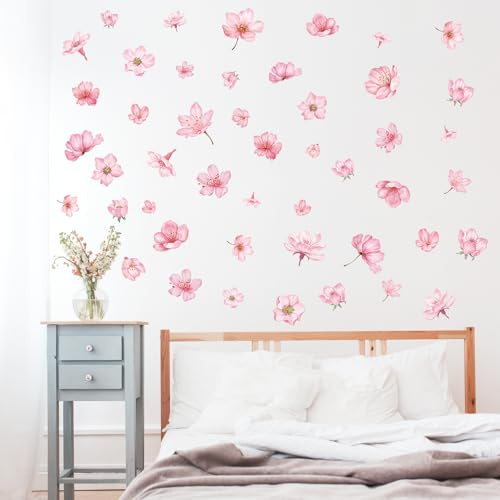 FUFUQUARE Pegatinas de Pared de Flor de Cerezo Rosa Removibles Elegantes Calcomanías florales Voladoras para Decoración de Muebles de Puerta de Sala de Estar de Dormitorio