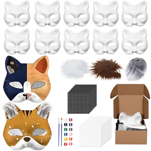 Hengrongshen Kattmask för målning – Therianmasker med murhår och ögonnät, kattmask, gör-det-själv-kit, kattmask för målning av filt, lämplig för maskerad (B-set 2)