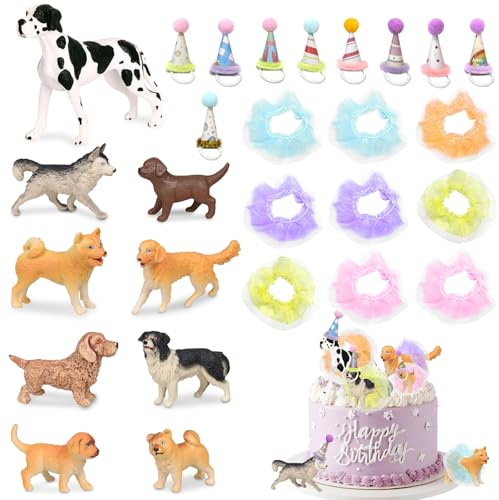 Hündchen Tortendeko, 27 Stück Hund Tierfiguren Tortendeko, Realistische Hundefiguren Spielzeugset, Mini Welpenfiguren mit Minirock Partyhüte zum Geburtstag, Deko Geburtstag