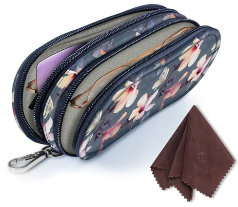 Fintie Brillenetui Weich für Sonnenbrillen und Brillen - Doppel Groß Brillentasche zum Anhängen mit Reißverschluss und Karabiner, Blühender Hibiskus