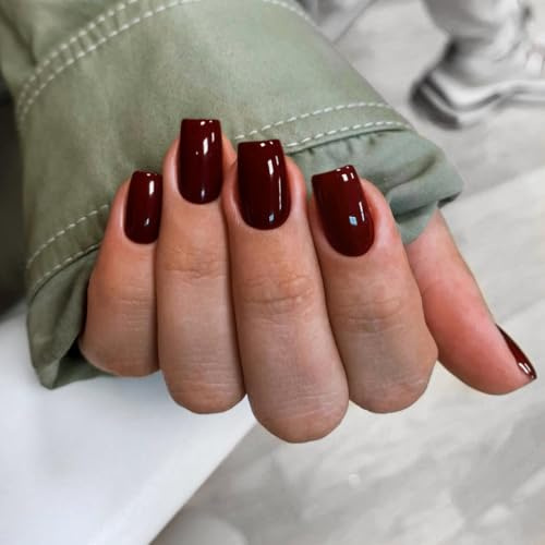 SXVME Burgundy Red Press on Nails Medium Short Square, Short False Nails Coffin, Gossy Wine Red Fake Nails Set, Natural Fit, Reusable Soft Gel Stick on Nail for Women, in 24 Pcs