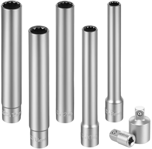 CWAGRQ 7PCS 3/8-Inch Drive Extra Deep Metric Socket Set, 120MM 12-Point CR-V Long Sockets, 8mm 10mm 12mm 13mm 14mm, with Drive 3/8 F to 1/2 M Adapter and 1/4 F to 3/8 M Adapter