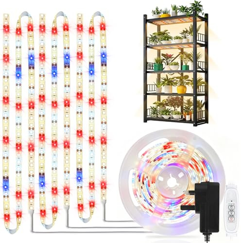 LED Grow Light Strips Red Blue White Full Spectrum Plant Grow Light Tape | 24W Plug in Plant Light with 3 Timers Dimmable Auto On/Off for Seedling Shelf, 3 Head Each 1M 120LED