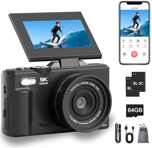 Appareil photo numérique 5K, appareil photo reflex numérique WiFi 75 MP avec écran rabattable à 180° LCD 3, zoom automatique, carte 64 Go, 2 batteries, caméra de vlogging compacte pour voyage