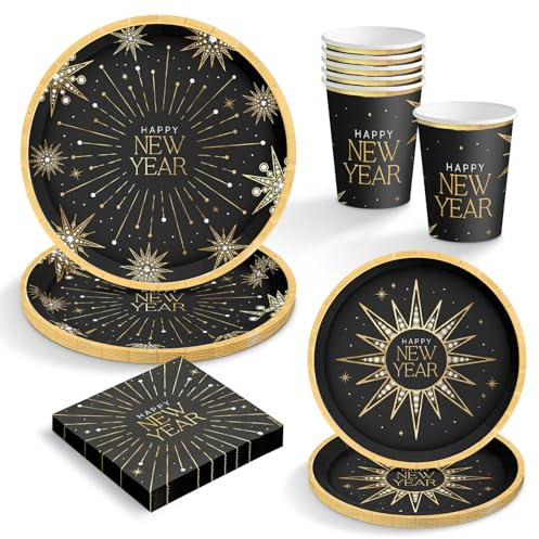 OH YEAH - Kit Stoviglie Monouso 6 Persone Capodanno - 48 Pezzi - Nero e Oro - Piatti, Bicchieri e Tovaglioli Fine Anno - Decorazione Tavolo Festiva Happy New Year - Dettagli Dorati Metallizzati