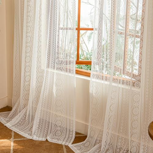 MYSKY HOME Vorhang Spitze Gardine Boho Gardinen Weiss Halbtransparent | Weiß,2er Set,H245 x B140 cm,Blumen Vintage Stabtasche,Spitzengardinen Landhausstil,Modern Dekoschal Vorhänge Schlafzimmer